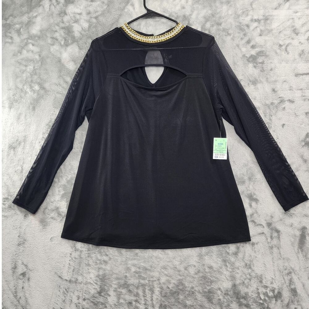 NEW Moa Moa Top Womens 1X Black Sheer Long Sleeve Cutout Chain Rhinestone Detail